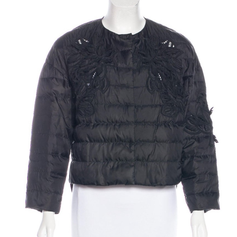 Ermanno Scervino Black Quilted Puffer Jacket with Broderie Anglaise details